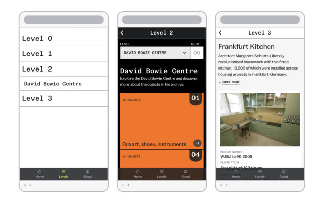 Mobile view of Lookup showing levels menu, David Bowie Centre and Frankfurt Kitchen display