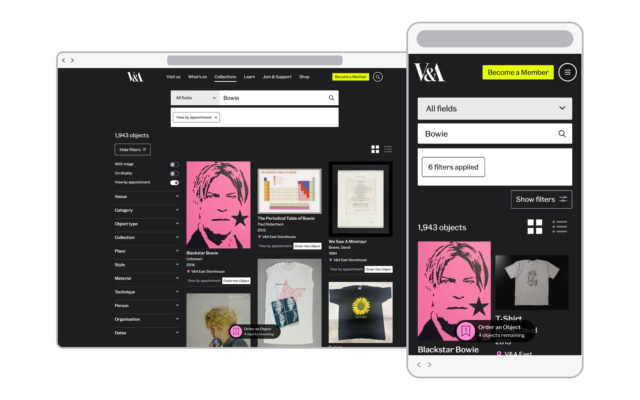 Mobile view of Lookup showing David Bowie search results on desktop and date picker, the first step in the booking flow