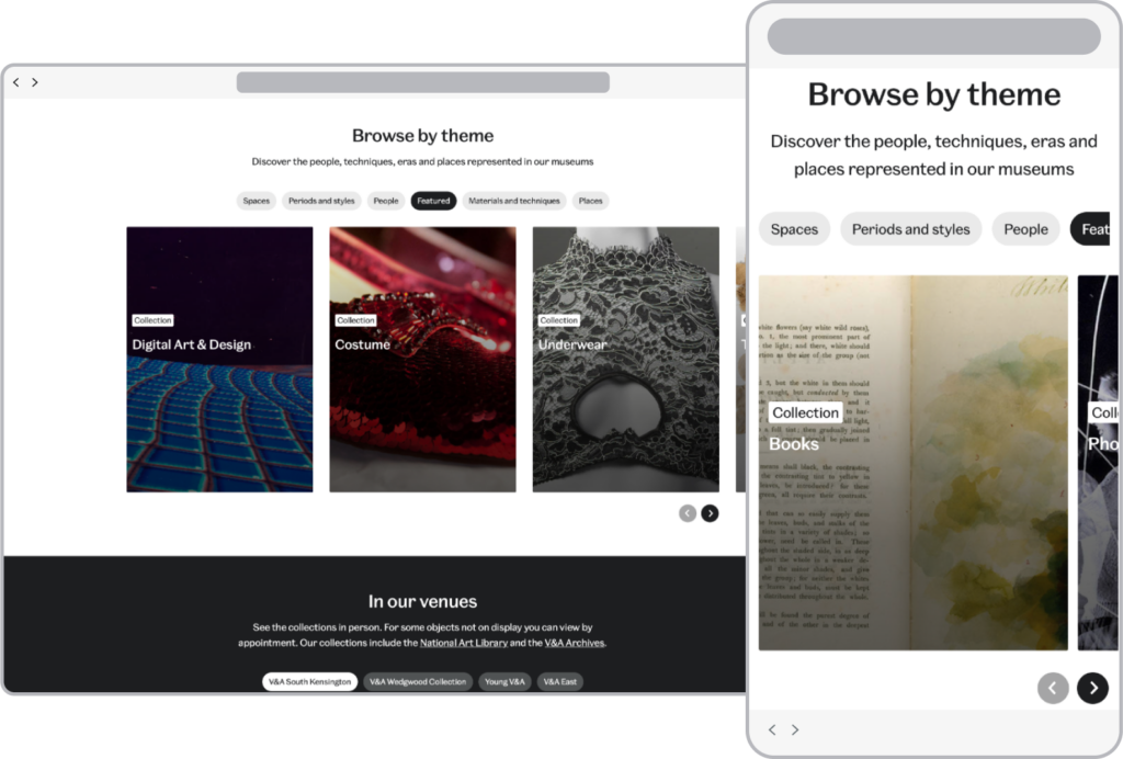 In Explore the Collection 2.0 we repurposed the curated collections into a new section, which utilises the carousel and cuts down on vertical space